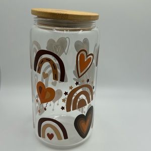Glass Can Tumbler, 16 onzas, with bamboo Lid and Plastic Straw Included.